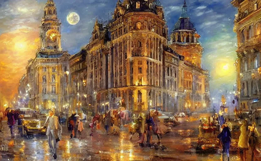 Image similar to Beautiful alchemy cityscpae, the moon is in the sky. By Konstantin Razumov, highly detailded