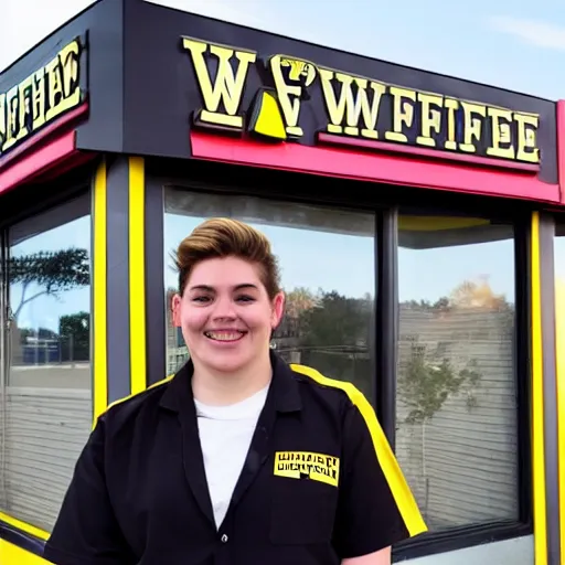 Image similar to wafflehouse employee's standing below wafflehouse sign, employees uniform is black and blue with yellow name tags