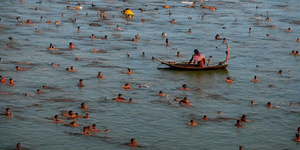 Prompt: fisherman fishing from a rooftop in a submerged sri lankan city