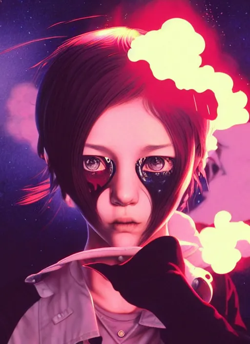 Image similar to emo girl battles again a stove fire. floating planets on the background, box office hit, fantasy and seventies italian horror movie, unreal engine, intricate, highly detailed 8 k, ambient occlusion, extremely beautiful and aesthetic shape of face and neck, art by hiroaki samura and ilya kuvshinov, range murata and rossdraws