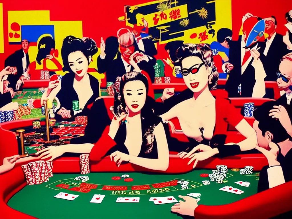 Image similar to hyper - realistic composition of a room in a casino with an extremely detailed poker table, croupier in traditional japanese kimono standing nearby fireworks in the background, pop art style, jackie tsai style, andy warhol style, acrylic on canvas