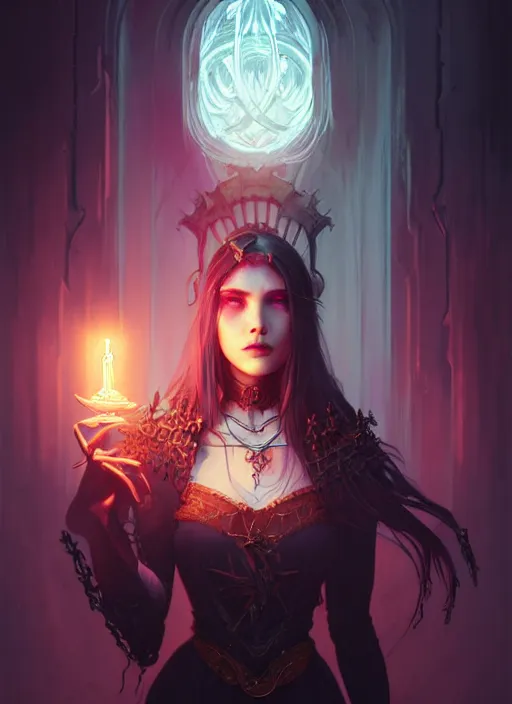 Image similar to Necromancer Sorceress, fantasy magic, undercut hairstyle, dark light night, intricate, elegant, sharp focus, illustration, highly detailed, digital painting, concept art, matte, art by WLOP and Artgerm and Greg Rutkowski and Alphonse Mucha, masterpiece