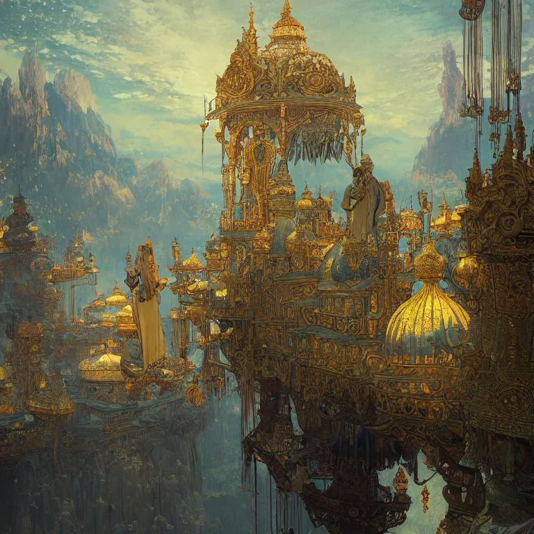 Image similar to a beautiful painting of the view from the river of the stately pleasure domes of kublai khan in xanadu, at night with a sky full of stars, intricate, elegant, highly detailed, digital painting, artstation, concept art, by krenz cushart and artem demura and alphonse mucha