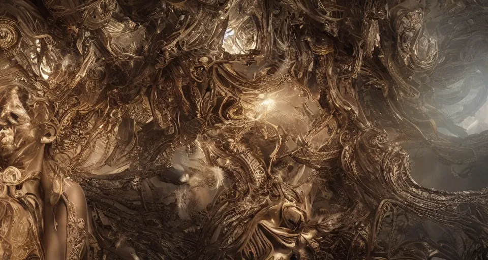 Image similar to vanishment of the gods, cinematic, end of an era, chaos, digital art. ornate, intericate, fractal patterns, ethereal, cinematic, artstation, hyper detailed, weta digital, ray trace, 3 d sculpture, beautifully lit, glow, soft light, photorealistic, ghost, symmetric, masterpiece, realistic, highly detailed