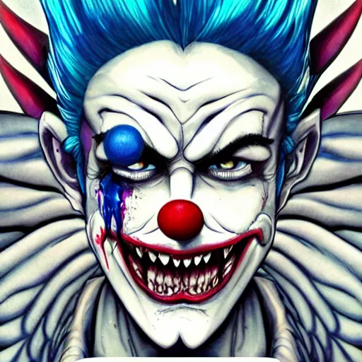 Image similar to 4K headshot of godlike clown with blue skin with defined arms and open hands and bloody clothes with giant mandala wings , white intricate scary clown makeup , flawless anime cel animation by Kentaro Miura, psychedelic , highly detailed upper body , professionally post-processed , beautiful, scary, symmetry accurate features, epic, octane rendered, anime masterpiece, accurate