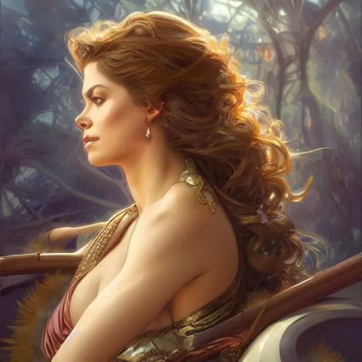 Image similar to beautiful young kathy ireland, closeup, d & d, fantasy, intricate, elegant, highly detailed, digital painting, artstation, concept art, matte, sharp focus, illustration, art by artgerm and greg rutkowski and alphonse mucha