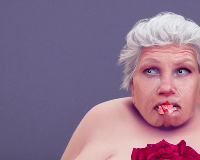 Prompt: of a very beautiful scene. ambient occlusion render. a sweet fat old woman is giving birth a beautiful colorful rose. hyper realistic. 4 k. wide angle. wild. symmetrical face, red mouth, blue eyes. deep focus, lovely scene. ambient occlusion render. concept art. unreal engine.