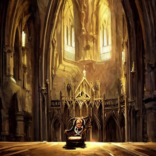 Image similar to Skeleton King resting on his throne inside a cathedral, oil painting, by Fernanda Suarez and Greg Rutkowski