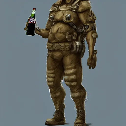 Image similar to a humanoid german shepherd beast - man in military style, holding a bottle of beer, artstation, concept art, smooth, sharp foccus ilustration, artstation