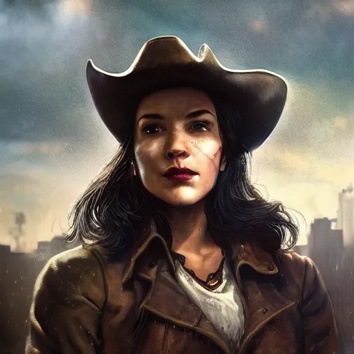 Image similar to fallout 5, charismatic beautiful, rugged, brunette female protagonist wearing a cowboy - hat, portrait, outdoors ruined cityscape, atmospheric lighting, painted, intricate, volumetric lighting, beautiful, daytime, clear weather, winter, sharp focus, deep colours, ultra detailed, by leesha hannigan, ross tran, thierry doizon, kai carpenter, ignacio fernandez rios