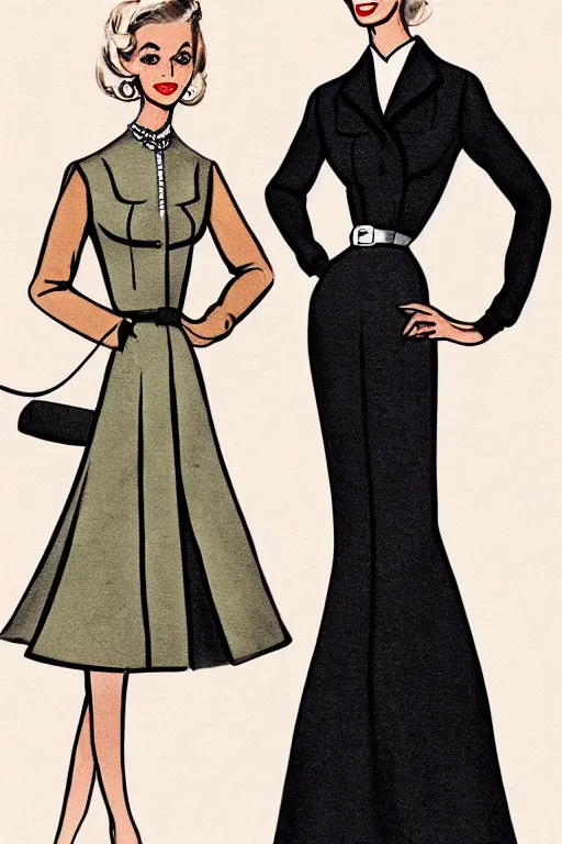 Prompt: a detailed fashion illustration of a 5 0 s hostess outfit