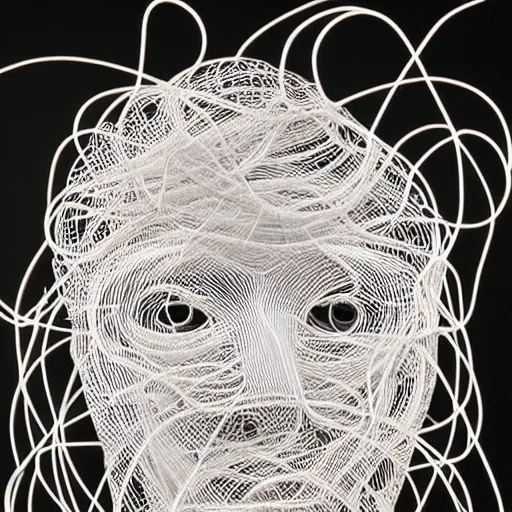 Prompt: a woman wearing a white mask with black wires on her head, an abstract sculpture by ai weiwei, featured on behance, net art, made of wire, made of paperclips, made of insects