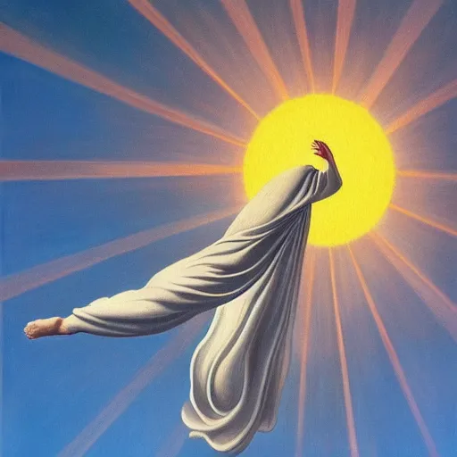 Image similar to very very detailed painting of jesus christ flying through space and time, radiating pure light, painted by rene magritte