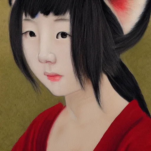 Image similar to a painting of a young Japanese woman with fox ears, realistic, beautiful