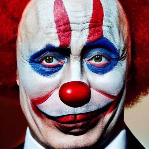 Prompt: UHD candid photo of Vladimir Putin dressed as a clown, wearing accurate clown makeup, accurate face, UHD, photorealistic, correct face, photo by Annie Leibowitz