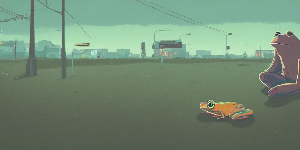 Prompt: Portrait using the Rule of Thirds, focusing on a frog, Portrait, Very Cloudy Sky, Sun, Neon Lights, Rule of Thirds, perspective, Retrofuturism, Studio Ghibli, Simon Stålenhag