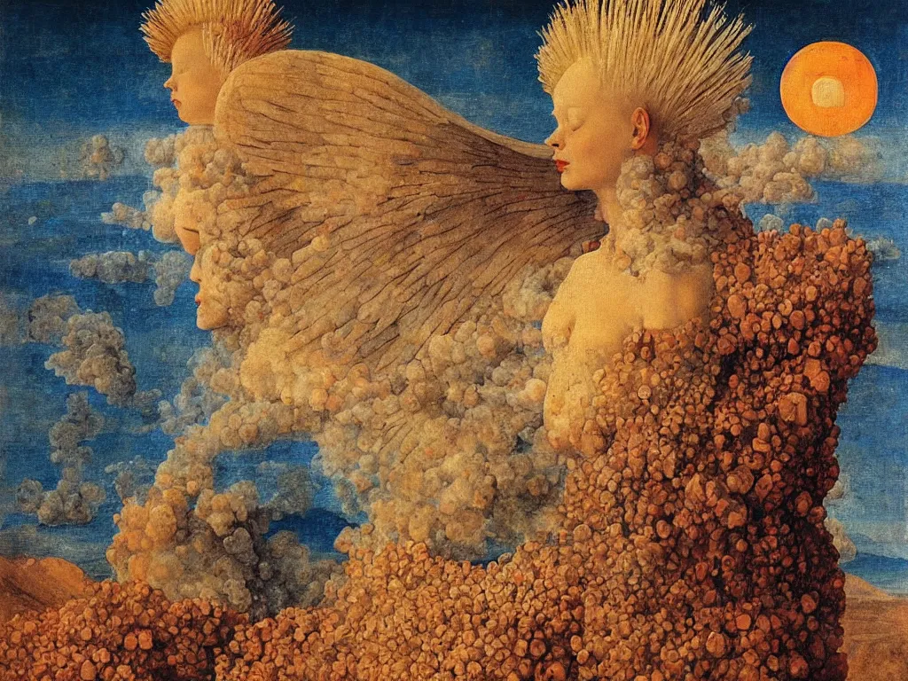 Image similar to Portrait of terrifying Blue star clad albino angel with nuclear explosion, dark, toxic smoke. Icy surreal mountains at night. Coral-like pebbles, autumn light. Painting by Jan van Eyck, Fra Filippo Lippi, Rene Magritte, Agnes Pelton, Max Ernst, Beksinski