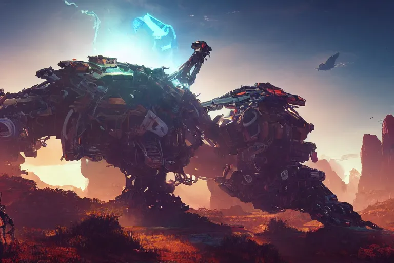 Image similar to rockbreaker machine mecanical creature robot of horizon forbidden west horizon zero dawn radiating a glowing aura global illumination ray tracing hdr fanart arstation by ian pesty and alena aenami artworks in 4 k