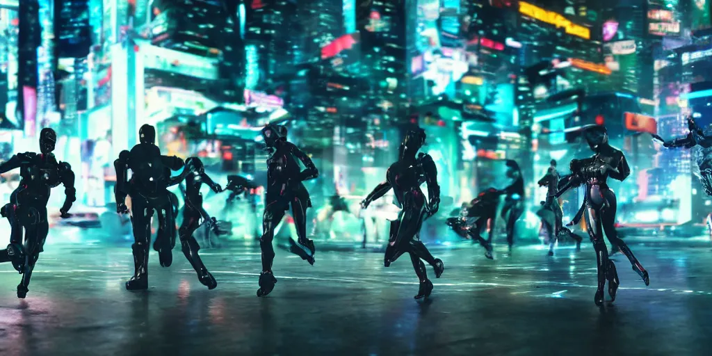 Image similar to Cyberpunk android chrome Robots running in a dramatic movie scene with dynamic dancer movements and motion blur and bokeh, shot on imax, cinematic scene, cinematographic composition, CineStill 800T Film