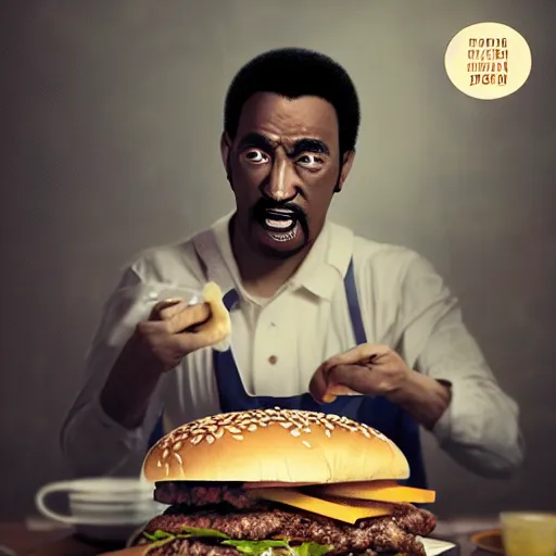 Prompt: artwork costume design: Sammy Davis Junior eating a massive hamburger, voluptuous sesame seed bun, extra ketchup and pickles and onions . By Greg Rutkowski, Ilya Kuvshinov, WLOP, Stanley Artgerm Lau, Ruan Jia and Fenghua Zhong, trending on ArtStation, made in Maya and Photoshop, octane render, excellent composition, cinematic atmosphere, dynamic dramatic cinematic lighting, aesthetic, very inspirational, arthouse