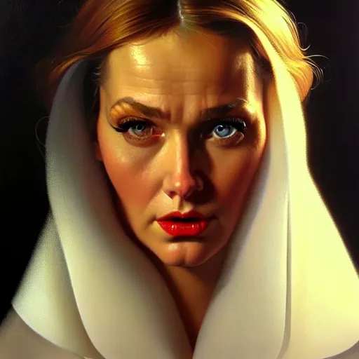 Prompt: close up face of a extremely!!! beautiful bond female vam pire portrait, masterpiece, oil on canvas, artgerm, norman rockwell, craig mulins, trending on pxiv,