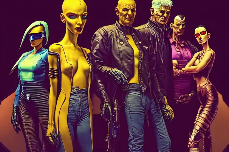 Image similar to cyberpunk heist crew. portrait by stonehouse and mœbius and will eisner and gil elvgren and pixar. character design. realistic proportions. dystopian. cyberpunk 2 0 7 7 character art, blade runner 2 0 4 9 concept art. cel shading. attractive face. thick lines. the team. detailed interesting characters.