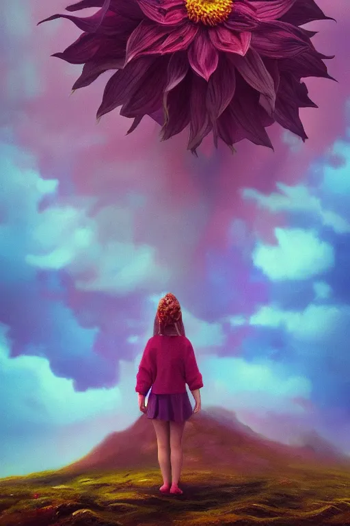 Image similar to closeup giant dahlia flower as head, girl standing on mountain, surreal photography, blue storm clouds, dramatic light, impressionist painting, digital painting, artstation, simon stalenhag