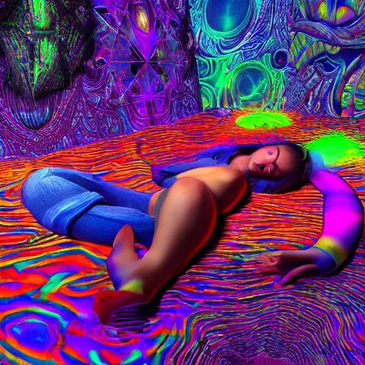 Prompt: photorealistic sleeping in a trippy psychedelic world. hyperdetailed photorealism, 1 0 8 megapixels, amazing depth, high resolution, 3 d shading, 3 d finalrender, 3 d cinematic lighting, glowing rich colors, psychedelic overtones, artstation concept art.