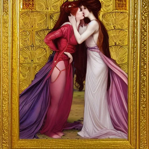 Prompt: a highly detailed byzantine painting of three sultry red haired vampire queens sharing a soft kiss under a waterfall in a gossamer purple dress, epic fantasy, viewed in profile from far away, ultrawide lens, art by artgerm and greg rutkowski and alphonse mucha, volumetric lighting, 4 k resolution, trending on artstation, masterpiece