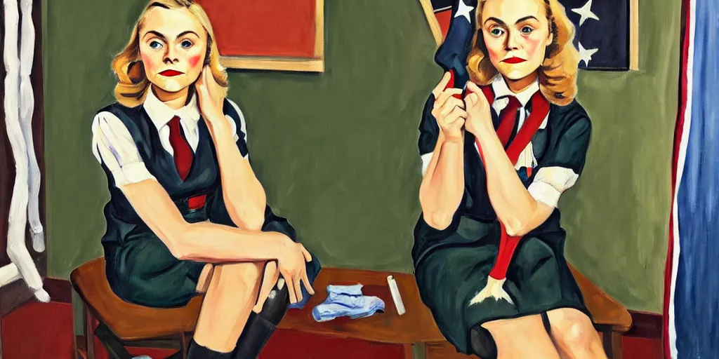 Image similar to oil painting of annasophia robb in a WWII uniform putting on stockings, teaching you a lesson in a void room full of etwined arms, existential horror painted by Alice Neel,