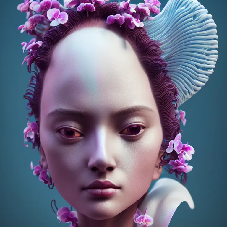 Image similar to goddess full painted acryllic sculpture close-up portrait. orchid bird phoenix jellyfish betta fish, intricate artwork by Tooth Wu and wlop and beeple. octane render, trending on artstation, greg rutkowski very coherent symmetrical artwork. cinematic, hyper realism, high detail, octane render, 8k