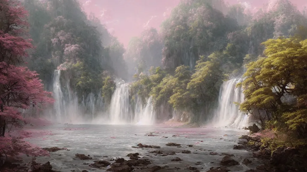 Image similar to the most beautiful panoramic landscape, oil painting, where a giant dreamy waterfall creates a river, the trees around are starting to bloom in pink color, by greg rutkowski