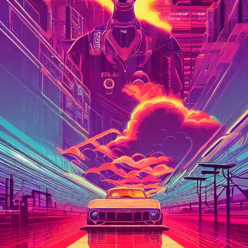 Image similar to a portrait of a Rayan Gosling with thunders in the sky in a future cybernetic city, outrun style and colours, trending on arstation, by dan mumford, by ross tran