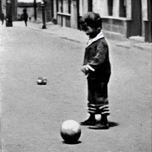 Image similar to a boy playing with a ball in the street in 1 9 2 0