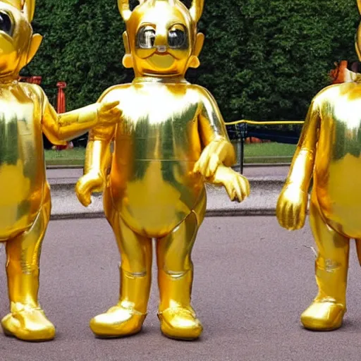 Prompt: gold statues for the teletubbies outside buckingham palace