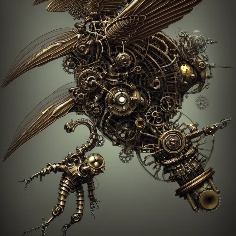 Image similar to steampunk cybernetic biomechanical fly with wings, 3 d model, unreal engine realistic render, 8 k, micro detail, intricate, elegant, highly detailed, centered, digital painting, artstation, smooth, sharp focus, illustration, artgerm, tomasz alen kopera, wlop