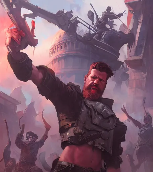 Image similar to Gavin Mcinnes leading the riot in the Capitol, sigma male, art by Stanley Artgerm Lau, WLOP, Rossdraws, Andrei Riabovitchev, Marc Simonetti, Yoshitaka Amano, ArtStation, CGSociety,