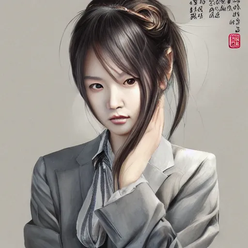 Image similar to dynamic composition, motion, ultra-detailed, incredibly detailed, a lot of details, amazing fine details and brush strokes, colorful and grayish palette, smooth, HD semirealistic anime CG concept art digital painting, watercolor oil painting of a young office lady, by a Chinese artist at ArtStation, by Huang Guangjian, Fenghua Zhong, Ruan Jia, Xin Jin and Wei Chang. Realistic artwork of a Chinese videogame, gradients, gentle an harmonic grayish colors.