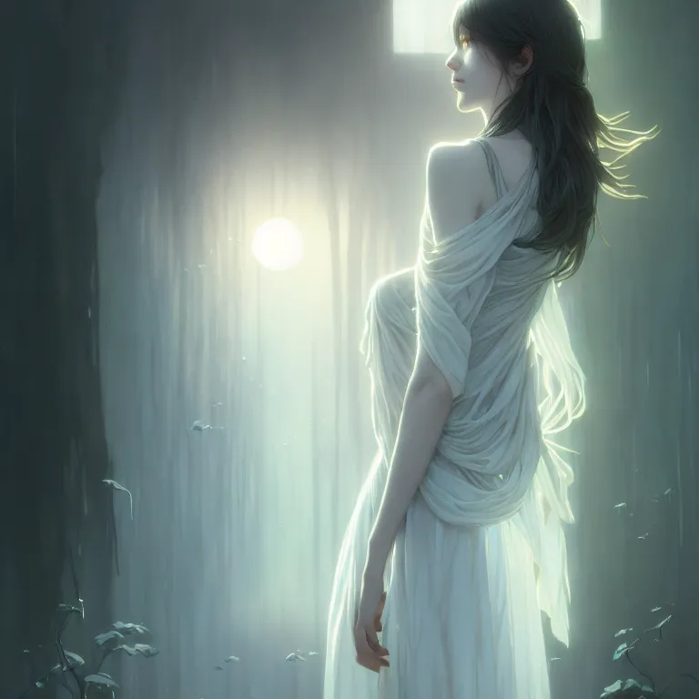 Image similar to gentle ghost, slender girl, silver skin, illustration, cinematic lighting, 8 k, d & d, frostbite 3 engine, of, artstation, intricate, digital art, twilight ray, art by tsuyoshi nagano, greg rutkowski, artgerm, alphonse mucha, radiant light, detailed and complex environment, digital art, art station trends