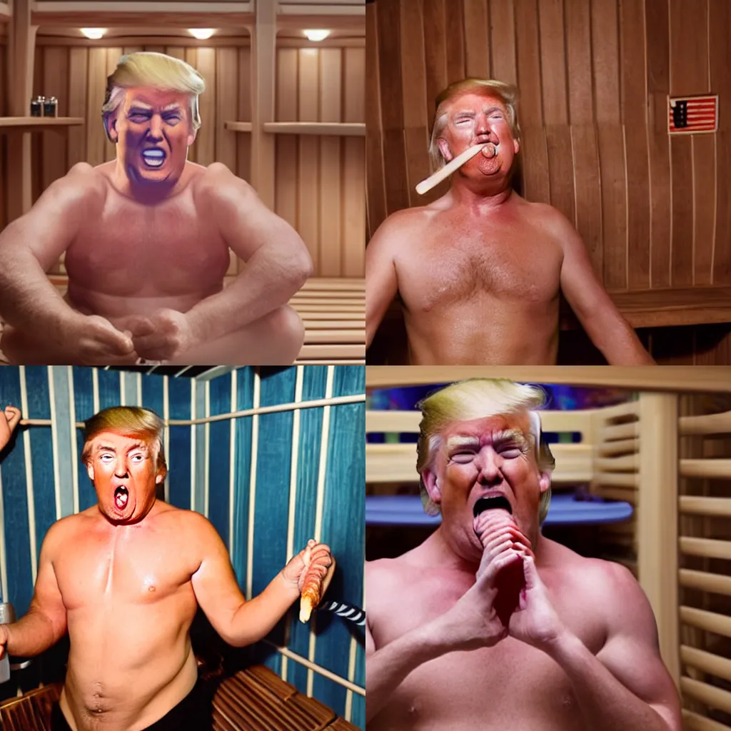 Prompt: donald trump in a sauna enthusiastically eating sausage , ultra realistic, 8k