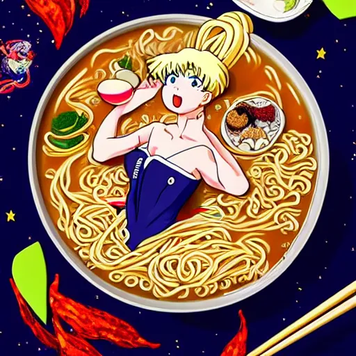 Image similar to Sailor Moon eating ramen that is way too spicy, anime style, highly detailed, 4k