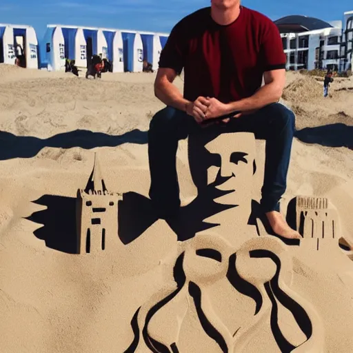 Prompt: a sandcastle in the shape of nathan fillion