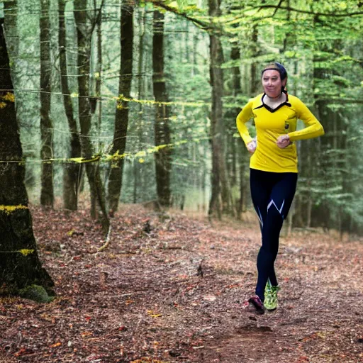 Prompt: a beutiful female orienteer wearing a yellow long - sleeved shirt and black tights runs in the forest, photo, sigma 5 5.