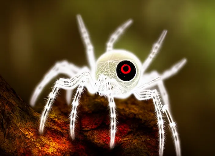 Image similar to white crystal clear spider with huge red eyes, in a forest. highly detailed 8 k. intricate. lifelike. soft light. fantasy horror style. cinematic post - processing