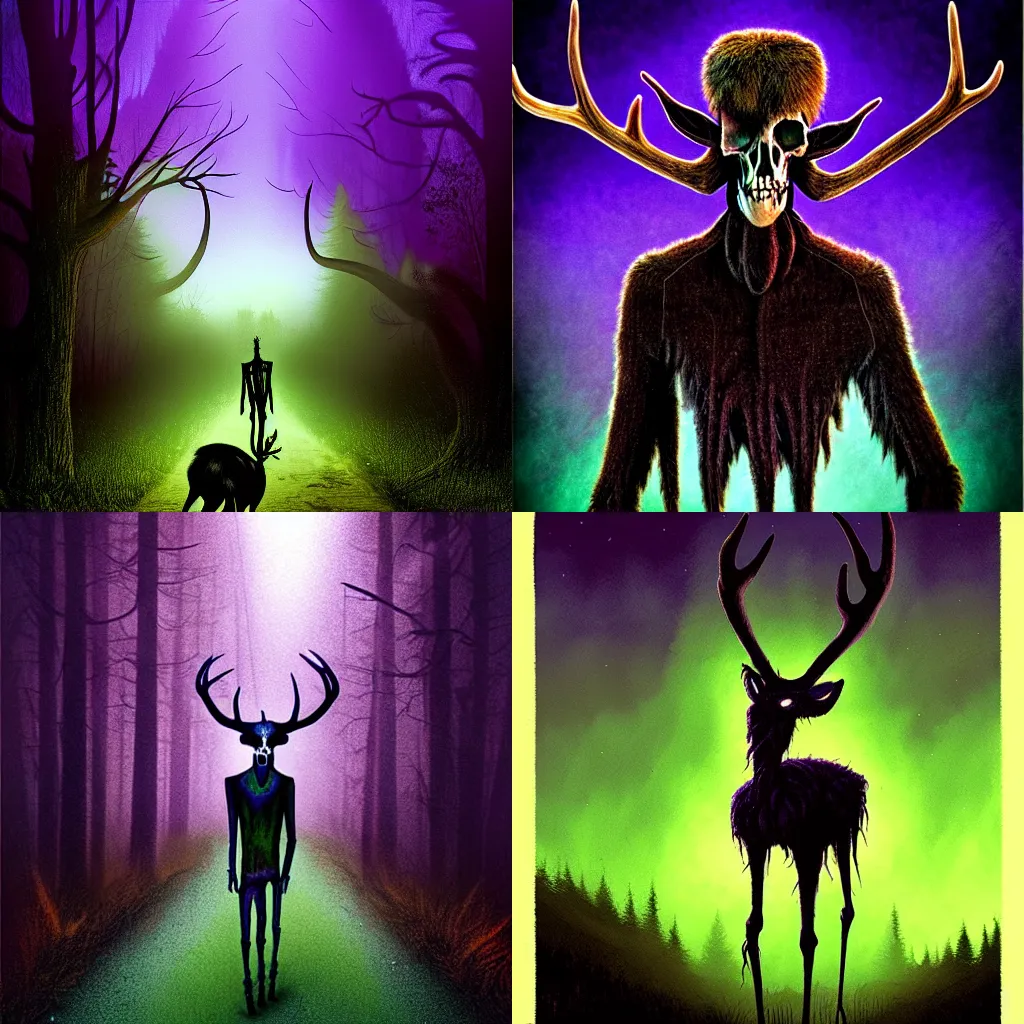 Prompt: Tim Jacobus Goosebumps art, Wendigo monster with deer skull face, antlers, furry brown body, tall and lanky skinny, walking through a suburb, night time, purple, green and blue colors, ominous lighting, spooky, foggy, fog