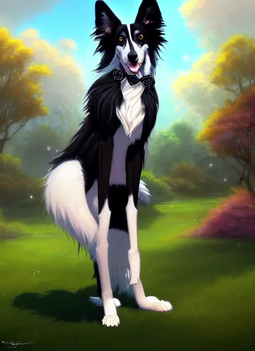 Prompt: full body digital painting of a cute male anthropomorphic border collie fursona wearing a jacket in front of a park, furaffinity, scenic background, intricate, elegant, beautiful, fantasy, highly detailed, glamor pose, trending on artstation, art by charlie bowater and henry asencio and and ross tran