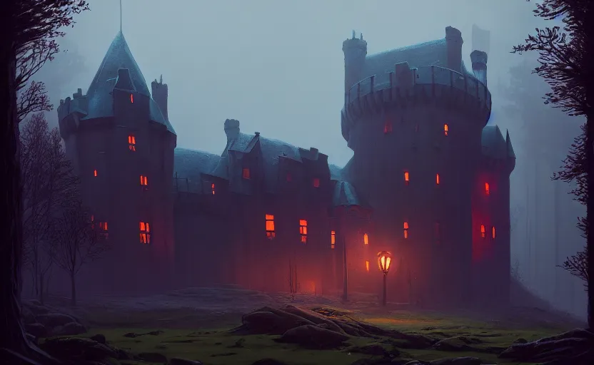 Image similar to an old english castle with moody and cinematic lighting by simon stalenhag and illya repin, cinematic and atmospheric, concept art, artstation, trending on artstation