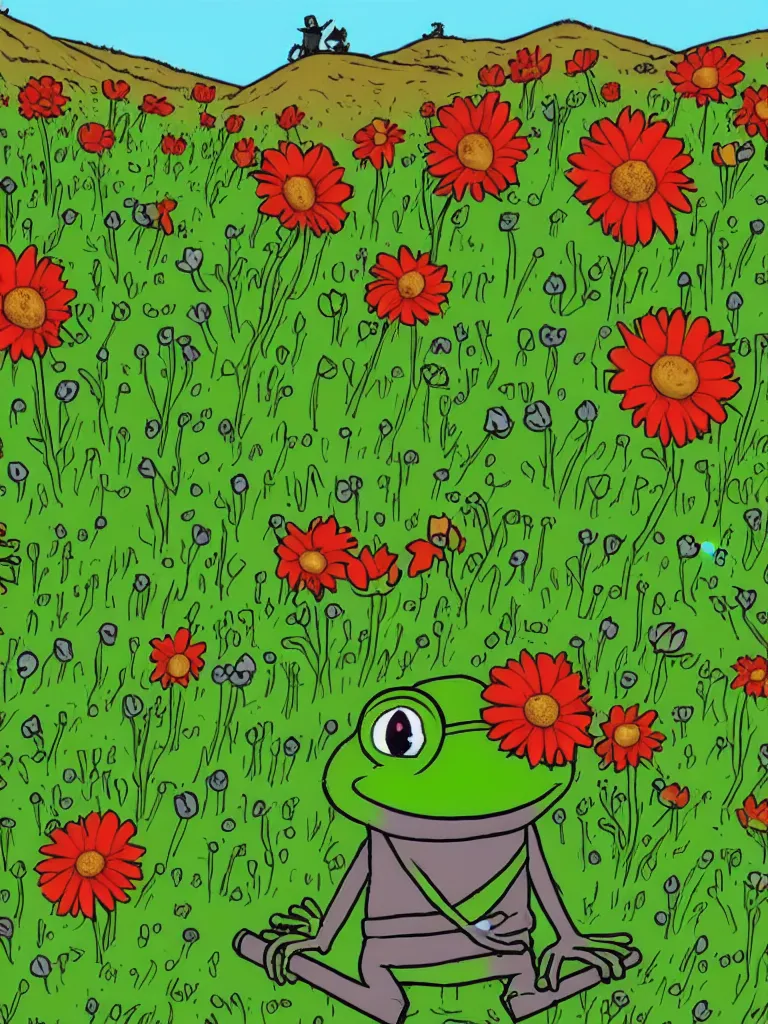 Prompt: resolution 4k hyper realistic film reel of pepe the frog red dead redemption 2 wandering army of pepe the frog a field of flowers a sunny day wholesome soft and warm picnic of breads and fruit sitting on a blanket pepe the frog. the sky is blue and filled with gods love the third rike will rise again hail pepe , rainbows of sweet angels art in the style of Tony DiTerlizzi , Francisco de Goya and Akihito Tsukushi and Arnold Lobel