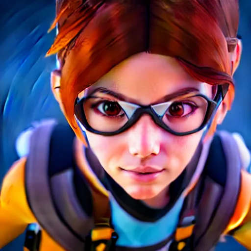 Prompt: a young girl with the appearance of tracer from overwatch, design, octane render, 4 k, ingame shot