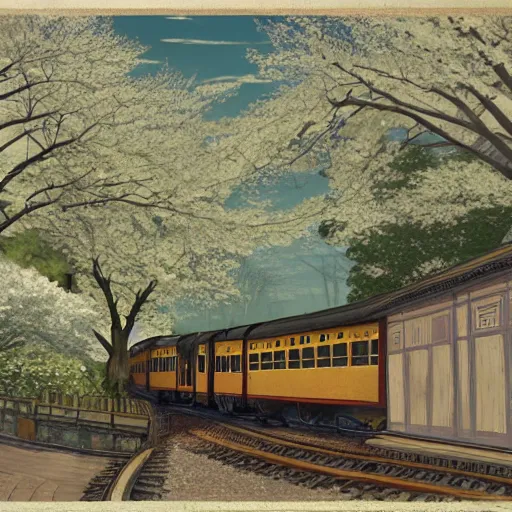 Image similar to concept art painting of a historic transverse view of a steam train, the train carries a cherry tree in flower, realistic, detailed, cel shaded, in the style of makoto shinkai and greg rutkowski and james gurney